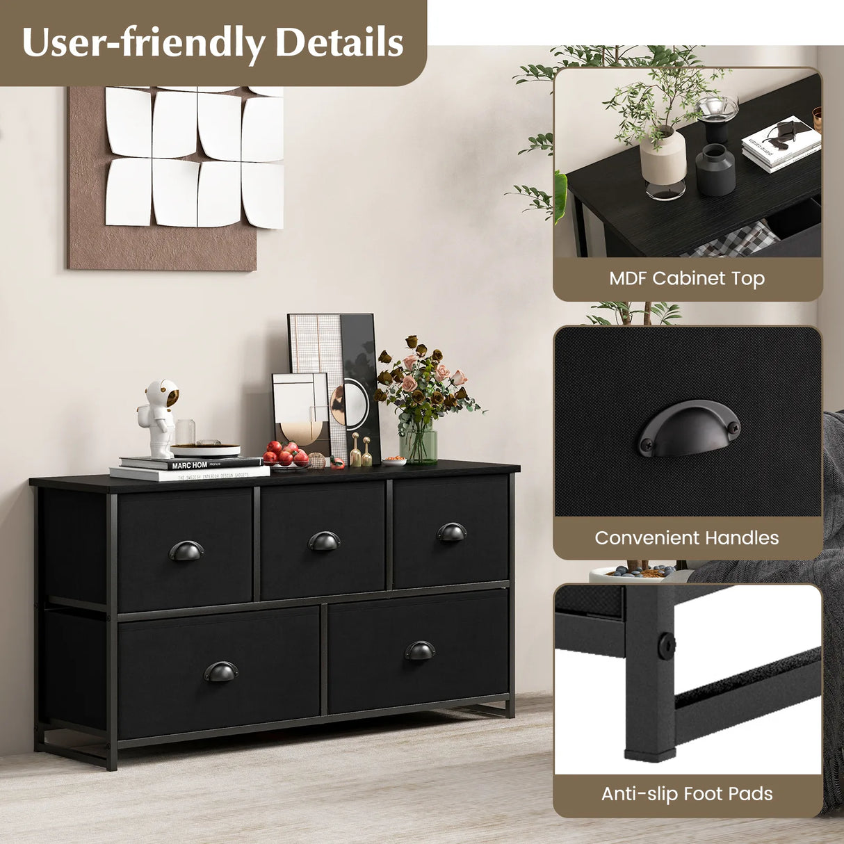 Dresser Storage Tower with 5 Foldable Cloth Storage Cubes-Gray