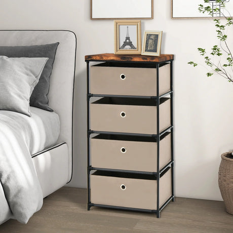 Bedside Table 4 Drawers Storage Cabinet Fabric Chest of Drawers for Bedroom 42 x 33.5 x 84.5 cm Brown