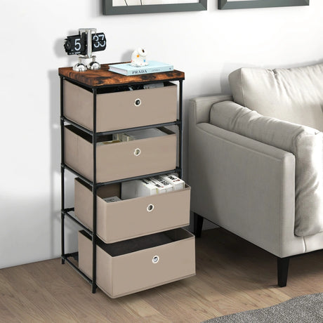 Bedside Table 4 Drawers Storage Cabinet Fabric Chest of Drawers for Bedroom 42 x 33.5 x 84.5 cm Brown