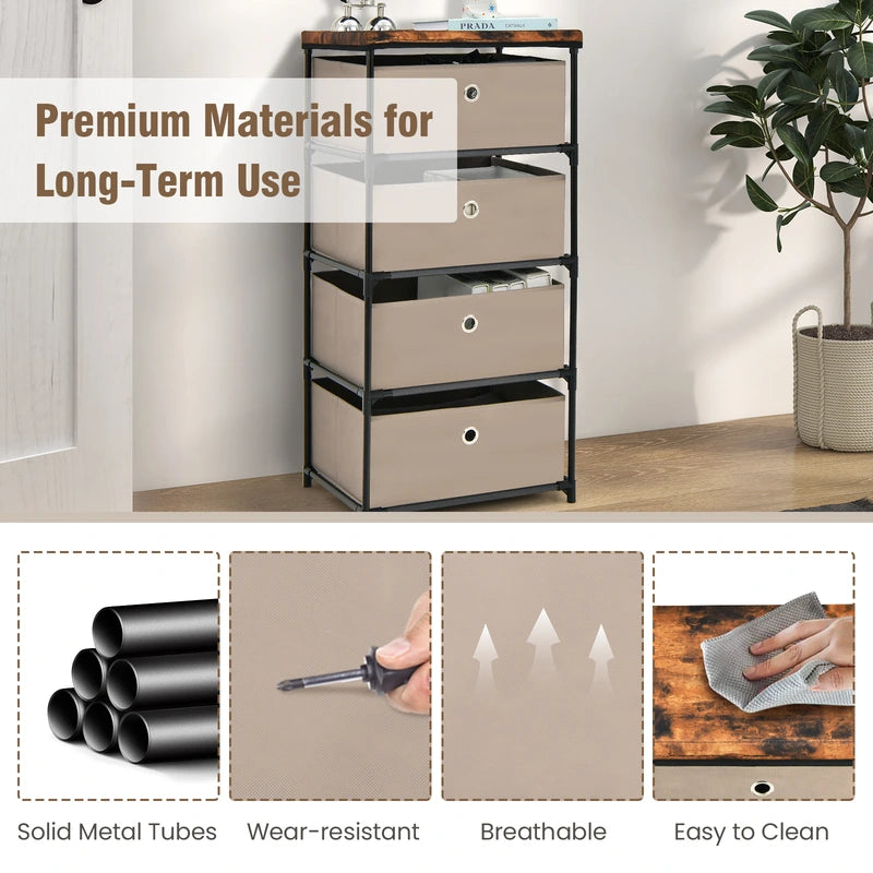 Bedside Table 4 Drawers Storage Cabinet Fabric Chest of Drawers for Bedroom 42 x 33.5 x 84.5 cm Brown
