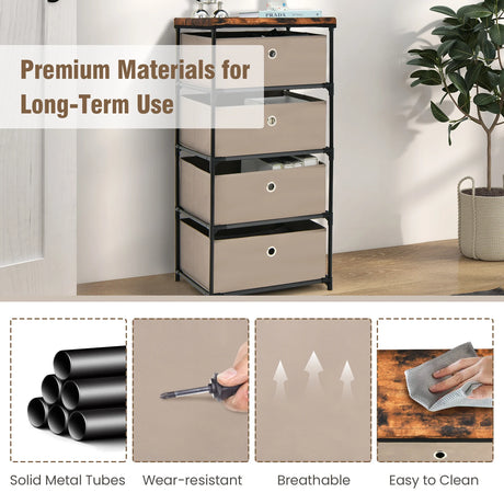 Bedside Table 4 Drawers Storage Cabinet Fabric Chest of Drawers for Bedroom 42 x 33.5 x 84.5 cm Brown