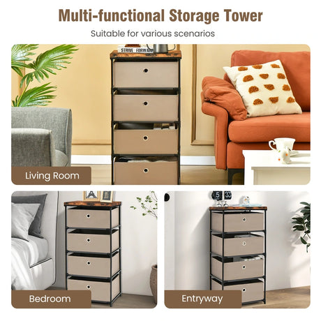 Bedside Table 4 Drawers Storage Cabinet Fabric Chest of Drawers for Bedroom 42 x 33.5 x 84.5 cm Brown