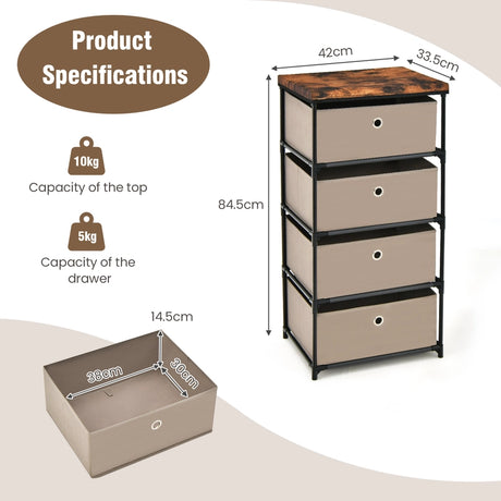 Bedside Table 4 Drawers Storage Cabinet Fabric Chest of Drawers for Bedroom 42 x 33.5 x 84.5 cm Brown