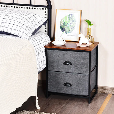 Metal Frame Nightstand Side Table Storage with 2 Drawers-Black