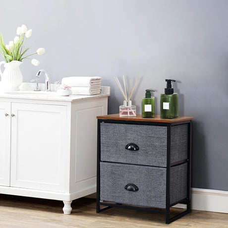 Metal Frame Nightstand Side Table Storage with 2 Drawers-Black