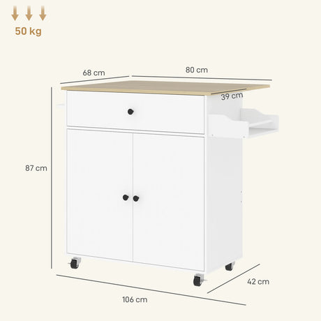 HOMCOM Rolling Kitchen Island with Drop Leaf, Kitchen Storage Cart with Drawer, Spice Rack and Towel Rack, White