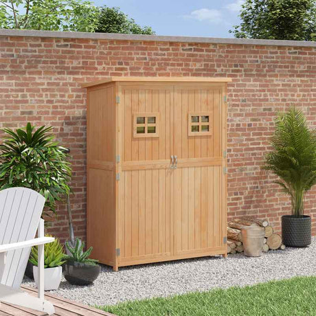 Outsunny Wooden Garden Shed with Two Windows, Tool Storage Cabinet, Outdoor Double Door Organizer 127.5L x 50W x 164H cm, Natural