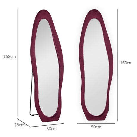 HOMCOM Wavy Velvet-Feel Full Length Mirror - Wine Red