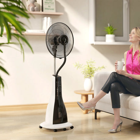 HOMCOM Pedestal Fan with Water Mist Spray, Spray Misting Fan with 75 Oscillation, Remote Control, Tilt Head, 3 Speeds, 3 Modes, 3 Mist, 3L Water Tank, Wheels, for Home, 125 cm
