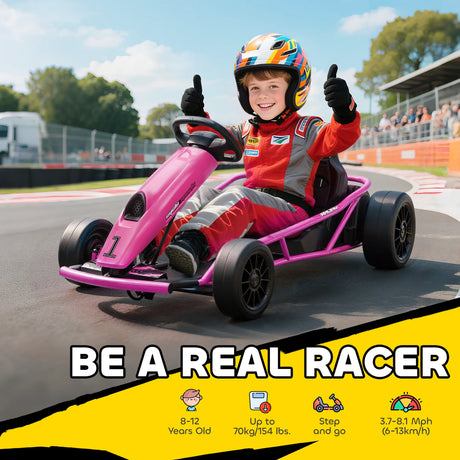 HOMCOM 24V Electric Go Kart for Kids, Drift Ride-On Racing Go Kart with 2 Speeds, for Boys Girls Aged 8-12 Years Old, Pink