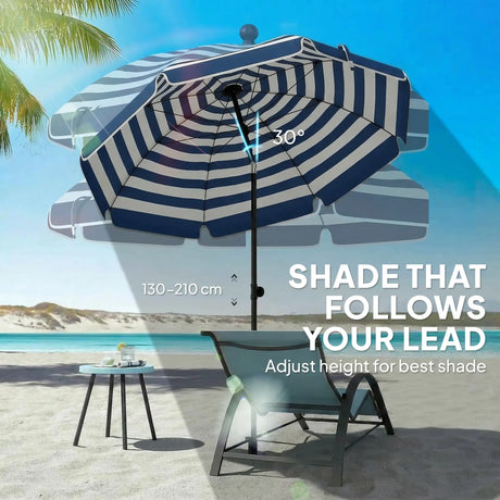 Outsunny 1.8 m Beach Umbrella Parasol with Sand Anchor, Portable 30 Tilting Patio Sun Shade with Adjustable Height, Blue/White