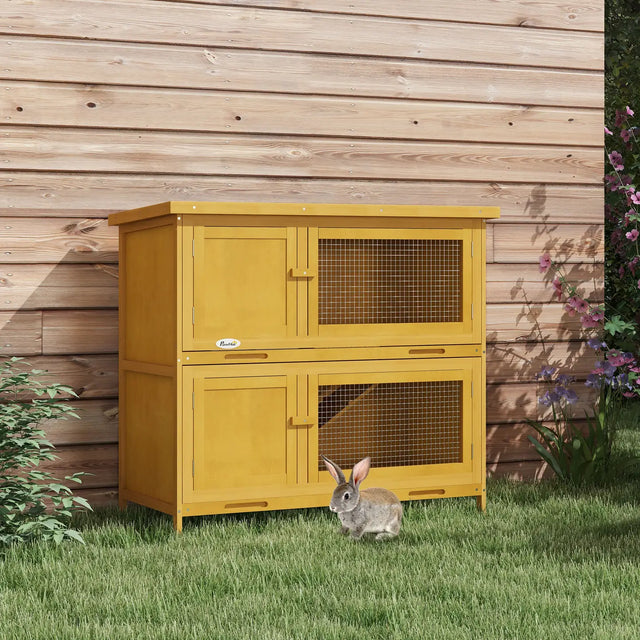 PawHut Double Decker Rabbit Hutch 2 Tier Guinea Pig House Pet Cage Outdoor with Sliding-out Tray, 97 x 44 x 91cm, Yellow
