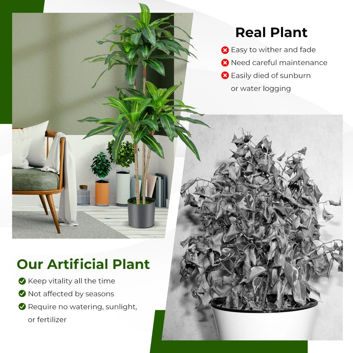 140 CM Tall Fake Dracaena Plant with 92 Leaves and Built-in Cement Pot