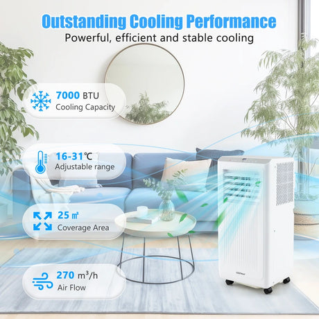 7000 BTU Portable Air Conditioner for Rooms up to 250m2-White
