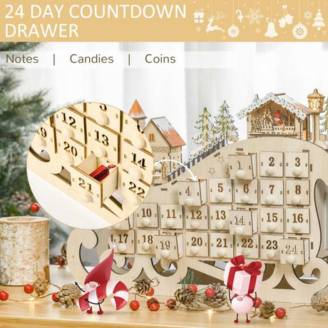 HOMCOM Christmas Advent Calendar, 2021 Light Up Table Xmas Wooden Sleigh Holiday Decoration with Countdown Drawer, Village, for kids Adults, Natural Wood Color