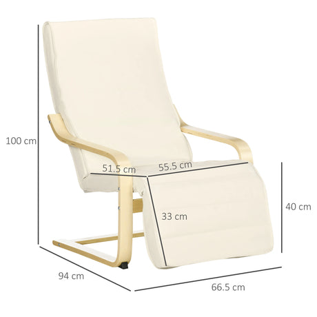 HOMCOM Wooden Armchair, Upholstered Linen Lounge Chair with Adjustable Footrest & Removable Cushion, Poang Chair for Living Room, Cream White