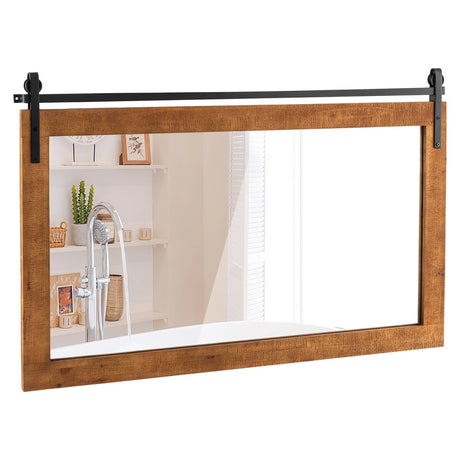 40 Inch x 26 Inch Rectangle Barn Door Style Wall Mounted Mirror with Solid Wood Frame and Metal Bracket-Brown