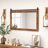 40 Inch x 26 Inch Rectangle Barn Door Style Wall Mounted Mirror with Solid Wood Frame and Metal Bracket-Brown