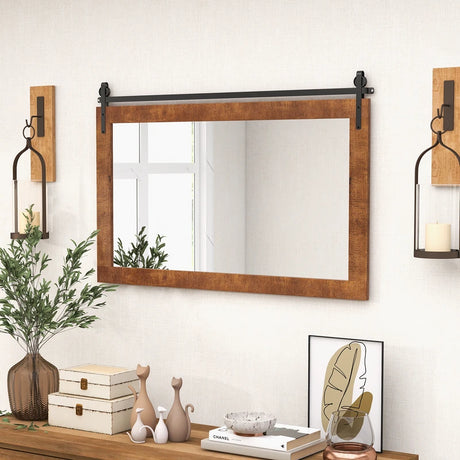 40 Inch x 26 Inch Rectangle Barn Door Style Wall Mounted Mirror with Solid Wood Frame and Metal Bracket-Brown