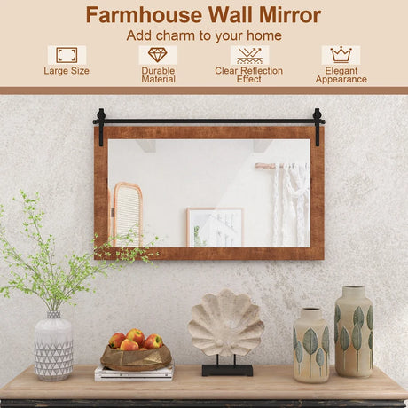 40 Inch x 26 Inch Rectangle Barn Door Style Wall Mounted Mirror with Solid Wood Frame and Metal Bracket-Brown