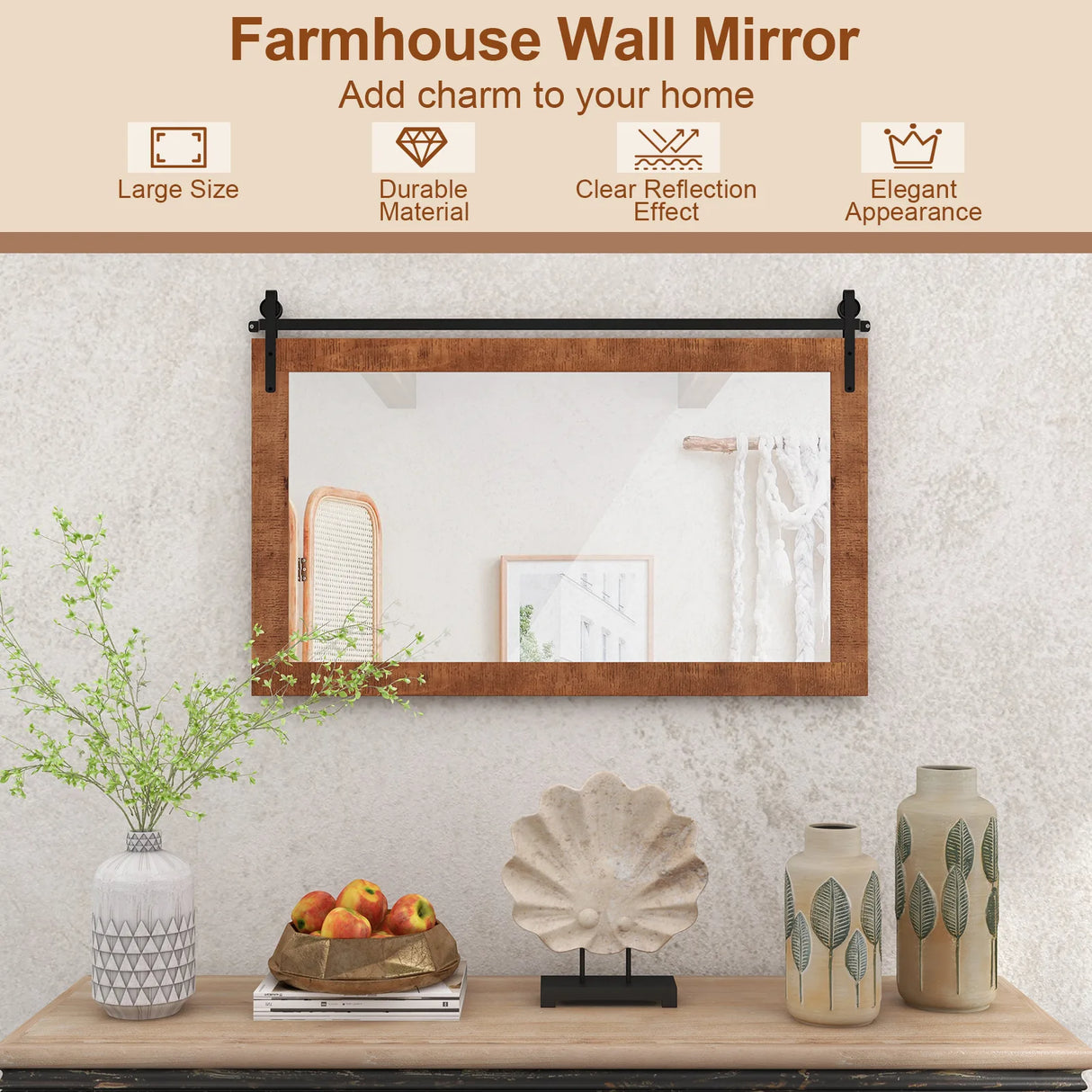 40 Inch x 26 Inch Rectangle Barn Door Style Wall Mounted Mirror with Solid Wood Frame and Metal Bracket-Brown