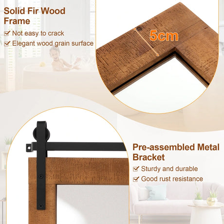 40 Inch x 26 Inch Rectangle Barn Door Style Wall Mounted Mirror with Solid Wood Frame and Metal Bracket-Brown