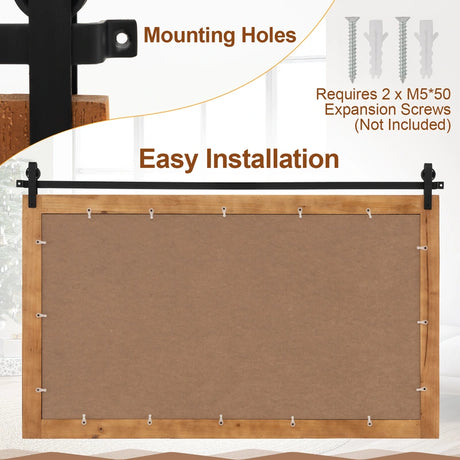 40 Inch x 26 Inch Rectangle Barn Door Style Wall Mounted Mirror with Solid Wood Frame and Metal Bracket-Brown