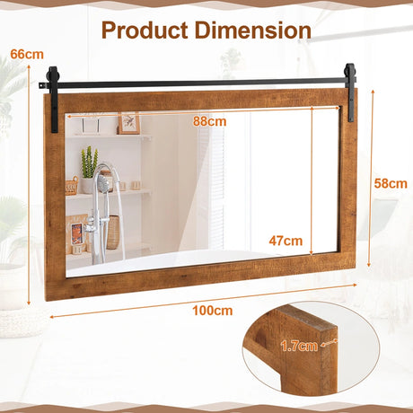 40 Inch x 26 Inch Rectangle Barn Door Style Wall Mounted Mirror with Solid Wood Frame and Metal Bracket-Brown