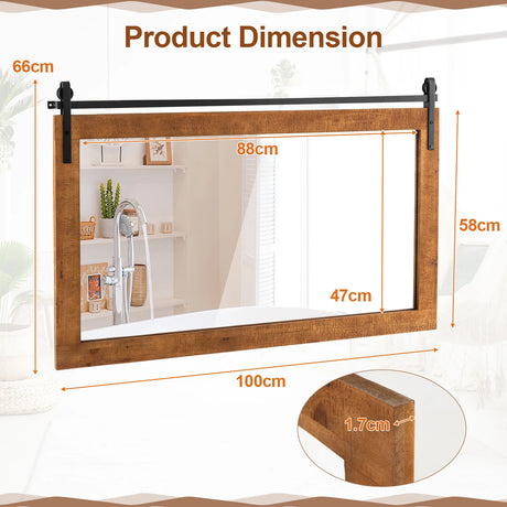 40 Inch x 26 Inch Rectangle Barn Door Style Wall Mounted Mirror with Solid Wood Frame and Metal Bracket-Brown