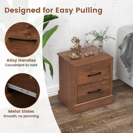 Wood Compact Floor Nightstand with Storage Drawers-Rustic Brown