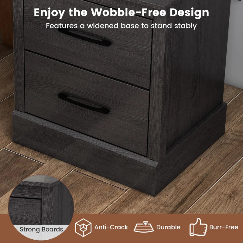 Wood Compact Floor Nightstand with Storage Drawers-Dark Gray