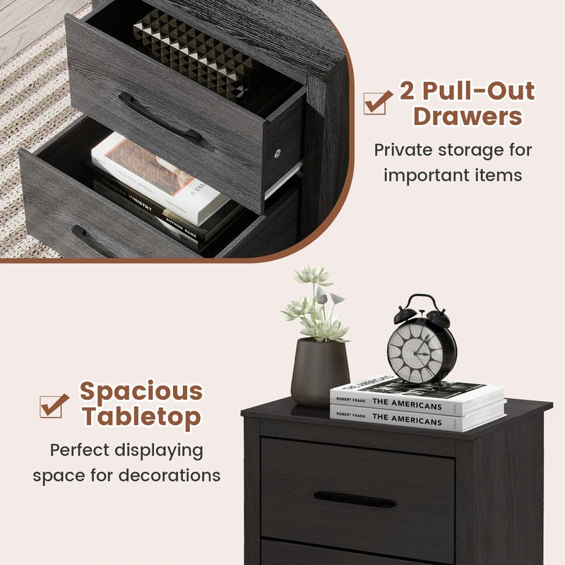 Wood Compact Floor Nightstand with Storage Drawers-Dark Gray