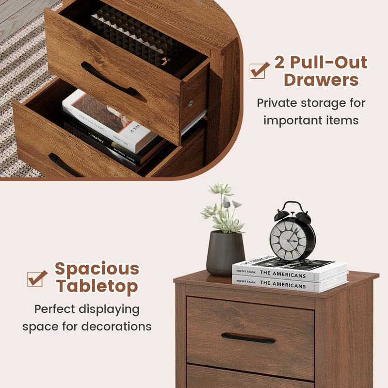 Wood Compact Floor Nightstand with Storage Drawers-Rustic Brown
