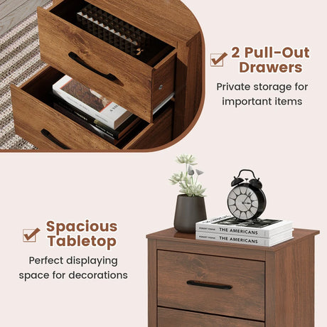 Wood Compact Floor Nightstand with Storage Drawers-Rustic Brown