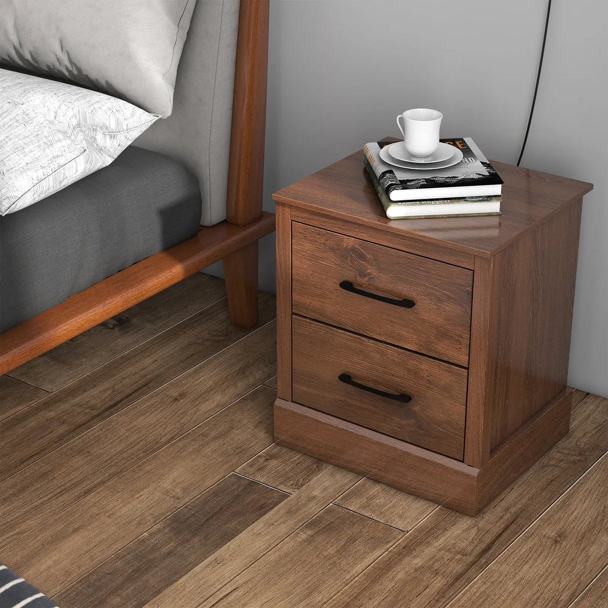 Wood Compact Floor Nightstand with Storage Drawers-Rustic Brown