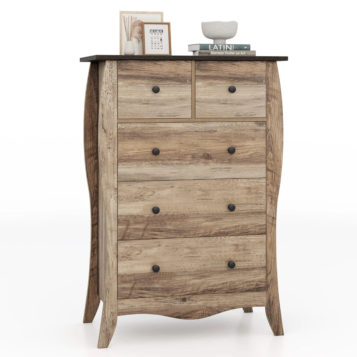 Farmhouse Chest of Drawers with 5 Folding Fabric Drawers and Anti-tipping Kit-Brown