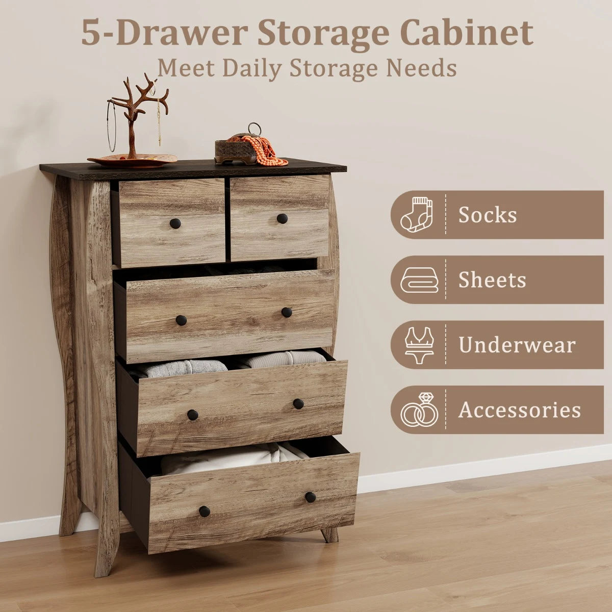Farmhouse Chest of Drawers with 5 Folding Fabric Drawers and Anti-tipping Kit-Brown