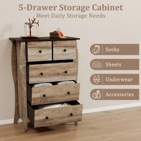 Farmhouse Chest of Drawers with 5 Folding Fabric Drawers and Anti-tipping Kit-Brown