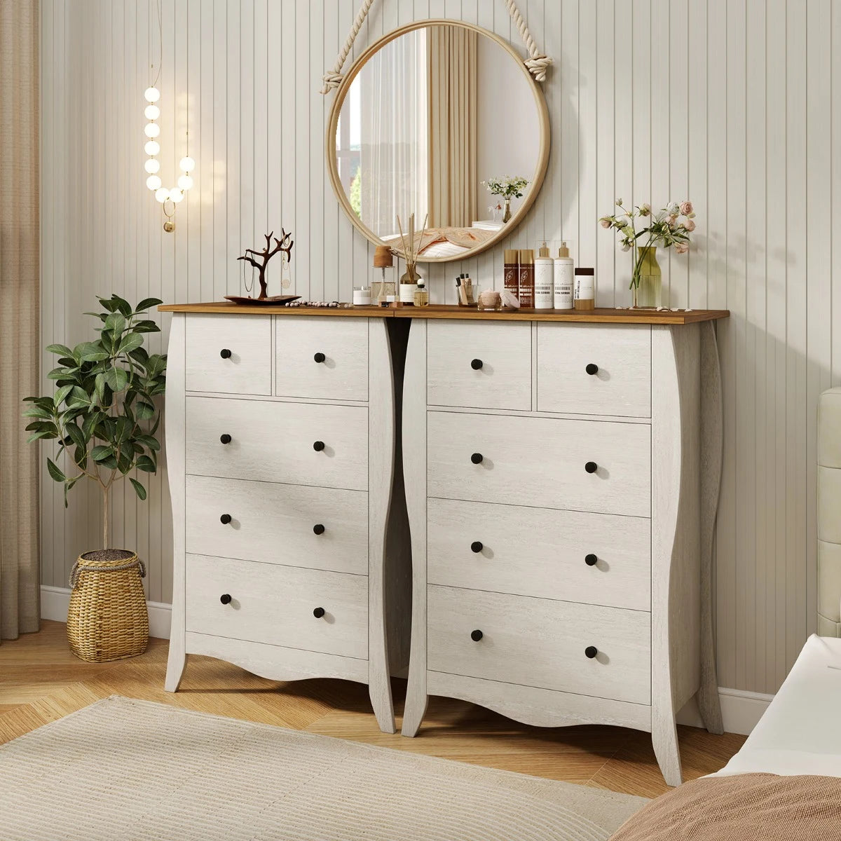 Farmhouse Chest of Drawers with 5 Folding Fabric Drawers and Anti-tipping Kit-Grey