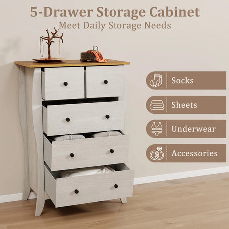 Farmhouse Chest of Drawers with 5 Folding Fabric Drawers and Anti-tipping Kit-Grey