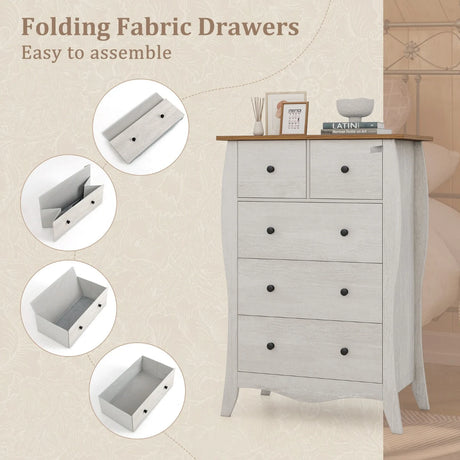 Farmhouse Chest of Drawers with 5 Folding Fabric Drawers and Anti-tipping Kit-Grey