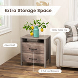 Nightstand with 2 Drawers Farmhouse Bed Side Table with Open Storage Shelf-Grey