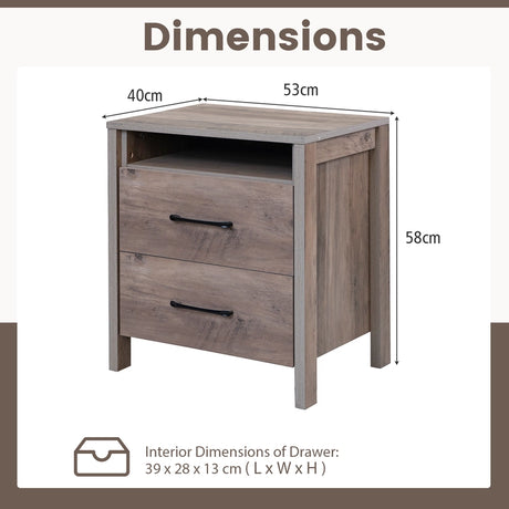 Nightstand with 2 Drawers Farmhouse Bed Side Table with Open Storage Shelf-Grey
