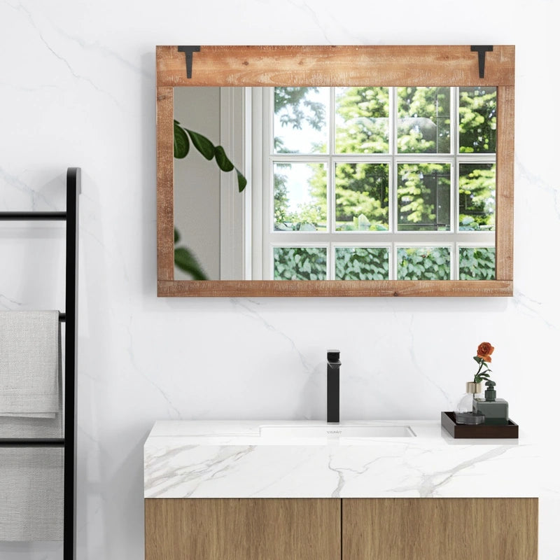 Farmhouse Wall Mirror with Wood Frame for Vertical Horizontal Hanging-Natural