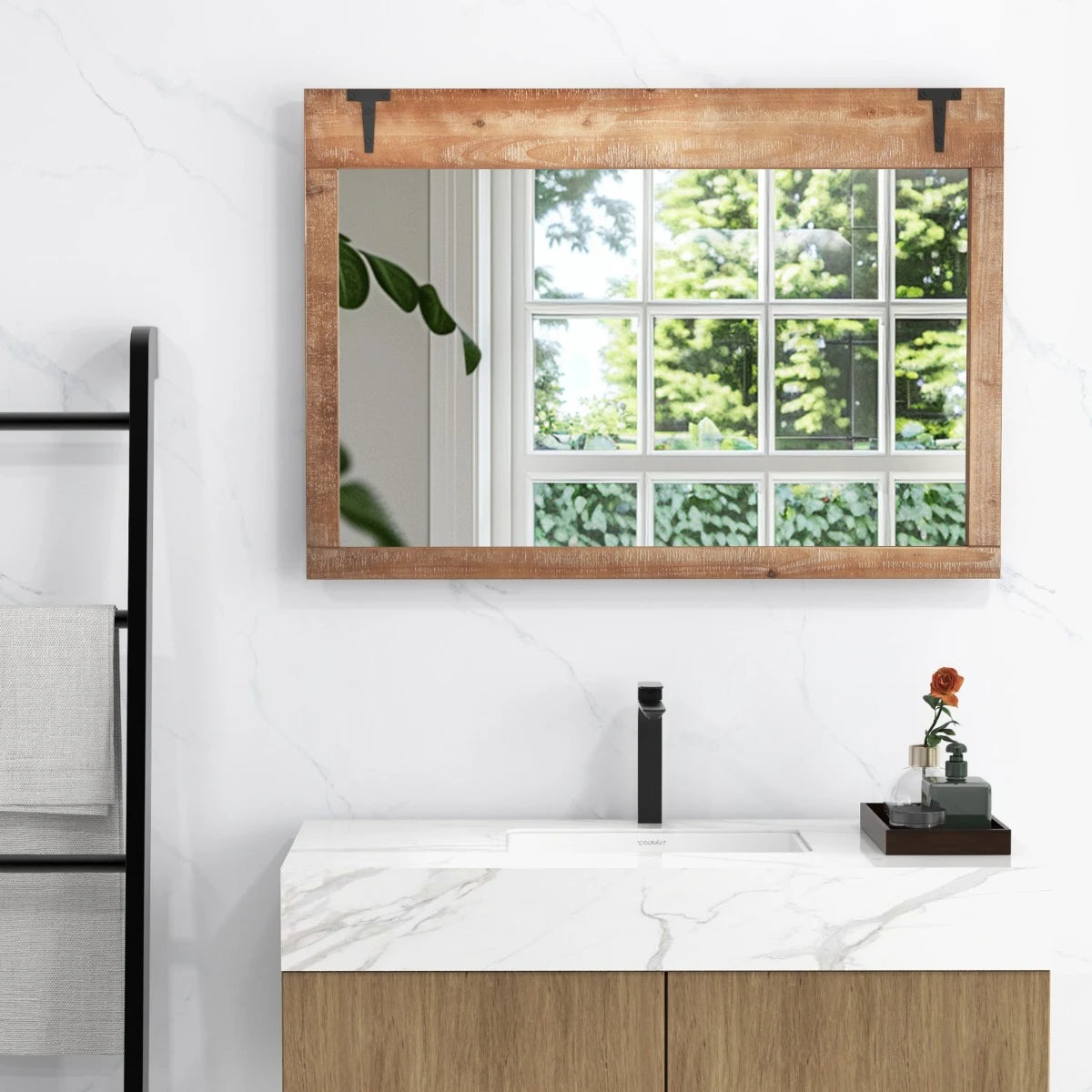 Farmhouse Wall Mirror with Wood Frame for Vertical Horizontal Hanging-Natural