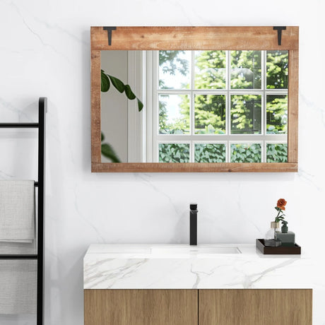 Farmhouse Wall Mirror with Wood Frame for Vertical Horizontal Hanging-Natural