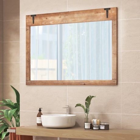 Farmhouse Wall Mirror with Wood Frame for Vertical Horizontal Hanging-Natural