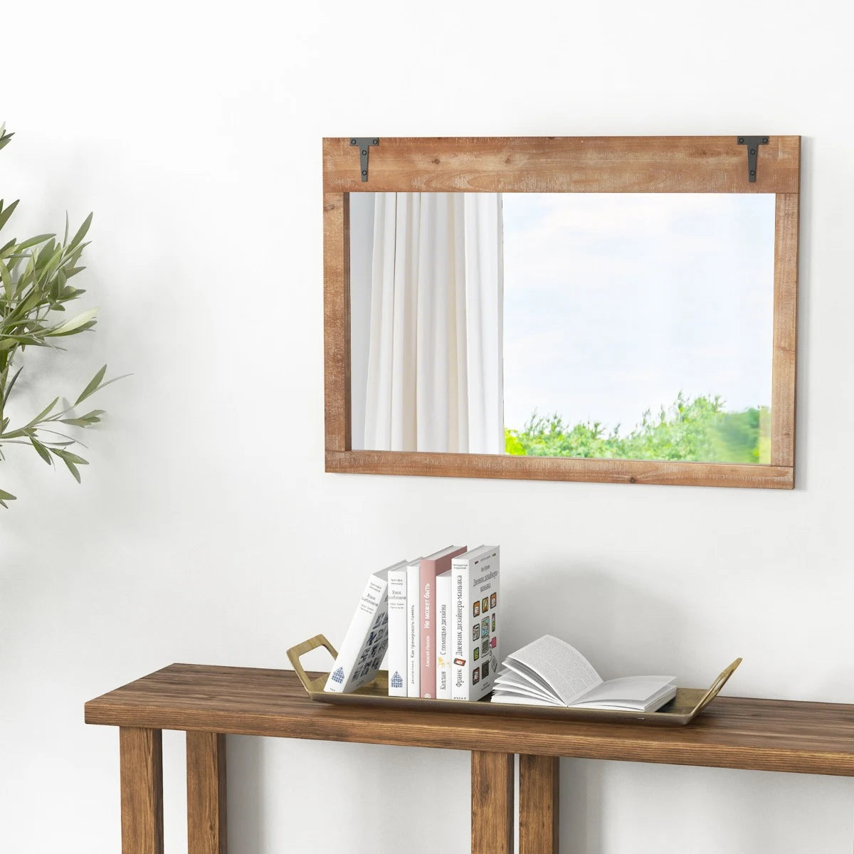 Farmhouse Wall Mirror with Wood Frame for Vertical Horizontal Hanging-Natural