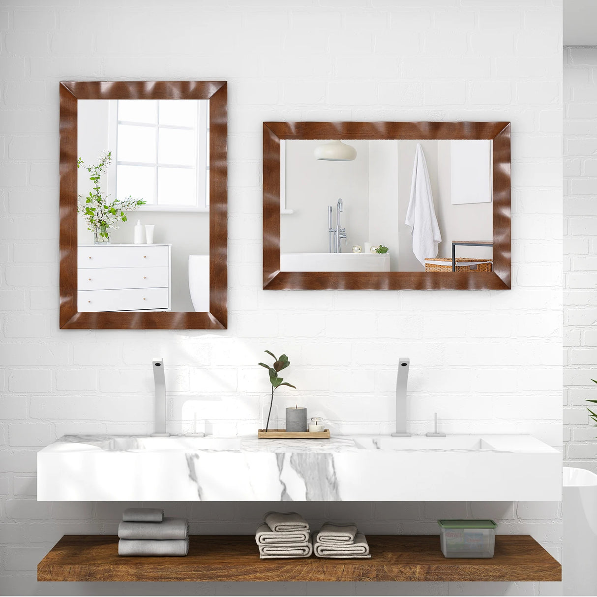 Farmhouse Wall Mirror Rubber Wood Rustic Style Wall Mirror-Brown