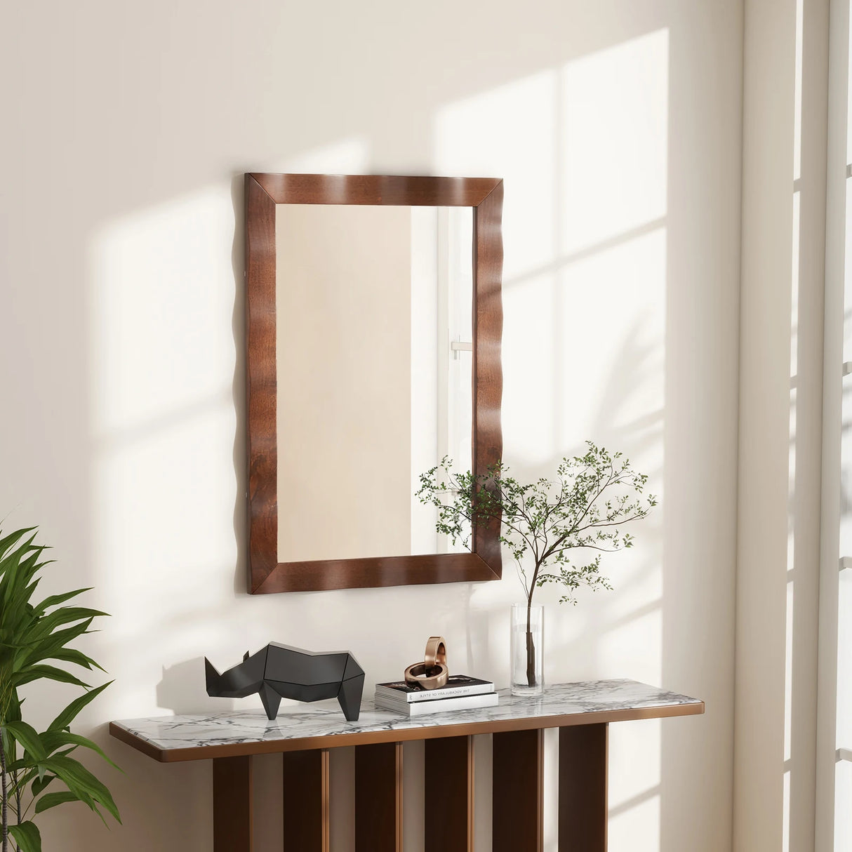 Farmhouse Wall Mirror Rubber Wood Rustic Style Wall Mirror-Brown